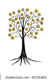 Abstract money tree with dollars.Sketchy style.