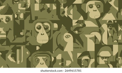 Os rostos abstratos dos macacos preenchem uma arte de fundo geométrica estampada