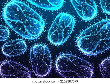 Abstract monkey pox virus microscopic view banner concept in glowing low polygonal style on blue 