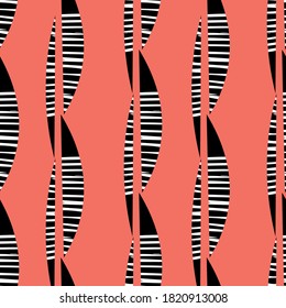 Abstract mono print style tribal foliage seamless vector pattern background. Simple lino cut effect horizontal rows of offset textured leaves.Red and black repeat backdrop. Geometric all over print.