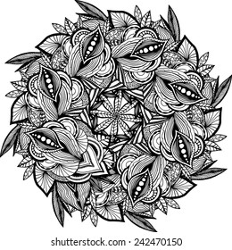 Abstract monochromatic floral design element, vector illustration. Herbal wreath. Anti stress coloring book page for adults.
