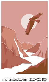 Abstract monochromatic landscape with eagle and mountains. Boho style boho style poster. Vertical format.