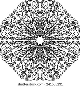 Abstract monochromatic ornament in circle, vector illustration. Anti stress coloring book page for adults.