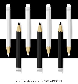 Abstract monochromatic vector art of black and white pencils on striped background