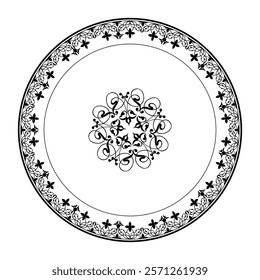 Abstract monochrome arabic frame on black background. Oriental round pattern frame arabesques with large pattern in the center. For circle surfaces, invitations, textiles, engraving, embroidery