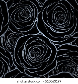 Abstract monochrome background composition with rose flowers in blue colors, splashes, doodles and stylized flowers. Summertime vector floral seamless pattern.
