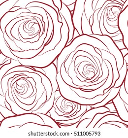 Abstract monochrome background composition with rose flowers in red colors, splashes, doodles and stylized flowers. Summertime vector floral seamless pattern.