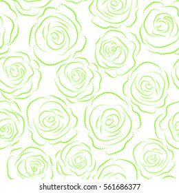 Abstract monochrome background composition with rose flowers in green colors, splashes, doodles and stylized flowers. Summertime vector floral seamless pattern.