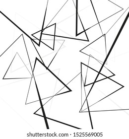 Abstract monochrome background with dynamic flying triangular geometric shapes. Vector intersecting triangles pattern. Chaotic black and white texture. 
