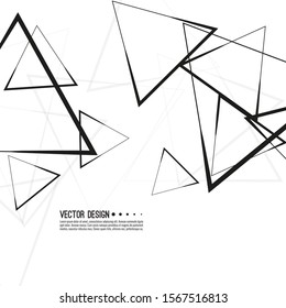 Abstract monochrome background with dynamic flying triangular geometric shapes. Vector intersecting triangles pattern. Chaotic black and white texture. 