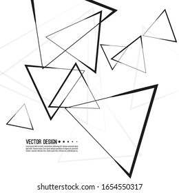 Abstract monochrome background with dynamic flying triangular geometric shapes. Vector intersecting triangles pattern. Chaotic black and white texture. 