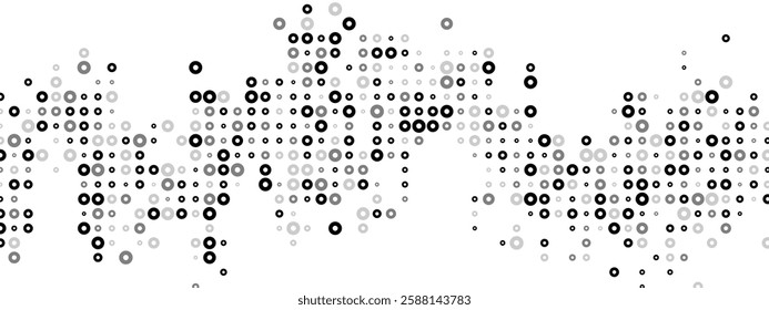 Abstract monochrome  background featuring a dot texture. Chaotic mosaic of random particles, linear bagel pattern. Vector design for banners, posters, websites, social media, presentation.
