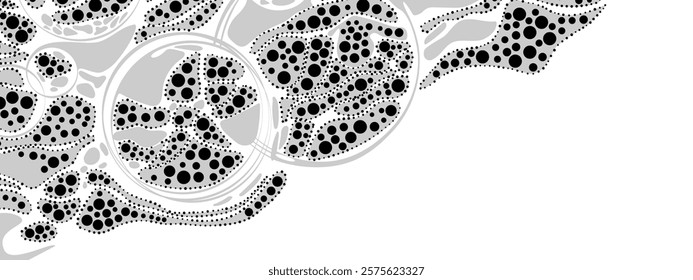 Abstract monochrome background frame. Vector texture of chaotic waves, particles, circles. Group of cells, information grid. Neuro graphics. Poster for business, technology, medicine, presentations.