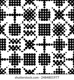 Abstract monochrome background. Geometric shapes made of dots and circles. Black and white geometric seamless pattern creating a mesmerizing visual effect. Wrapping paper or textile print fabric