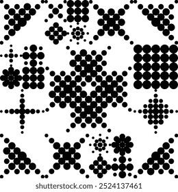 Abstract monochrome background. Geometric shapes made of dots and circles. Black and white geometric seamless pattern creating a mesmerizing visual effect. Wrapping paper or textile print fabric