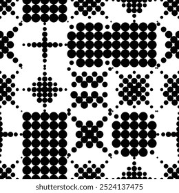 Abstract monochrome background. Geometric shapes made of dots and circles. Black and white geometric seamless pattern creating a mesmerizing visual effect. Wrapping paper or textile print fabric