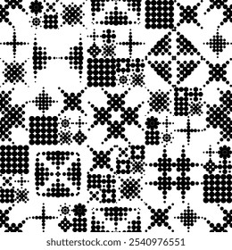 Abstract monochrome background. Geometric shapes made of dots and circles. Black and white geometric seamless pattern creating a mesmerizing visual effect. Wrapping paper or textile print fabric