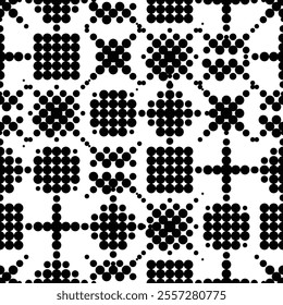 Abstract monochrome background. Geometric shapes made of dots and circles. Black and white geometric seamless pattern creating a mesmerizing visual effect. Wrapping paper or textile print fabric