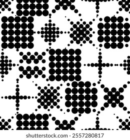 Abstract monochrome background. Geometric shapes made of dots and circles. Black and white geometric seamless pattern creating a mesmerizing visual effect. Wrapping paper or textile print fabric