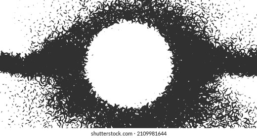 An abstract monochrome background with particles orbiting the black hole. An element for your design of original banners, flyers, presentations and websites. Stock vector illustration.