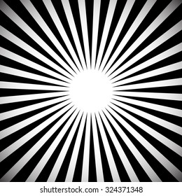 Abstract monochrome background with radiating beams, rays. Grayscale starburst, sunburst background.