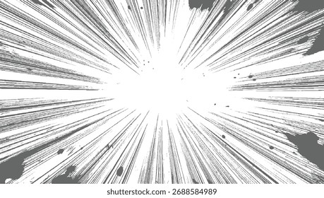 Fondo monocromo Abstractas con líneas grises radiantes y salpicaduras oscuras dispersas.