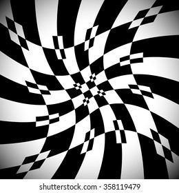 Abstract monochrome background with rotating, spiral distortion, deformation effect.