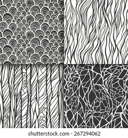 Abstract monochrome black and white doodle seamless patterns set. Vector illustration