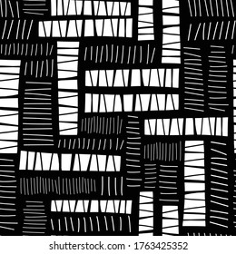 Abstract monochrome blocks collage seamless vector pattern. Black and white contemporary art seamless geometric background. Organic hand drawn shapes. Design for fabric, wrapping, wallpaper, decor