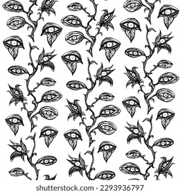 Abstract monochrome braided liana with leaves-eyes. Vector vintage black and white illustration. Seamless pattern of braided lianas with eyelet leaves