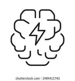 Abstrakte monochrome Brainstorming-Symbol, Vektorgrafik. Einfaches Logo mit Gehirn und Donner einzeln auf Weiß. Power Business-Idee oder Kreativität Intelligenz mit Donnerschlag. Lineares kreatives Smart