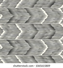 Abstract Monochrome Chevron Motif Glitched Textured Background. Seamless Pattern.