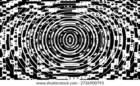 Abstract Monochrome Circular Glitch Pattern: Futuristic Concentric Ring Distortion Vector (EPS10)