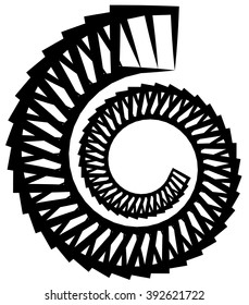 Abstract monochrome circular, spirally element on white.