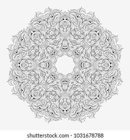 Abstract monochrome circular tracery. Linear decorative ornamental mandala.
