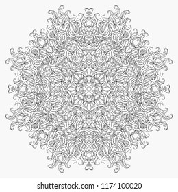 Abstract monochrome circular tracery and patterned snowflake. Linear decorative ornamental mandala.