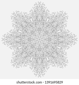 Abstract monochrome circular tracery and patterned snowflake. Linear decorative ornamental mandala. Adornment for meditation classes.
