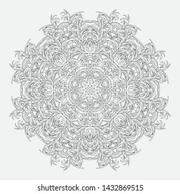 Abstract monochrome circular tracery and patterned snowflake. Linear decorative ornamental mandala. Adornment for meditation classes.