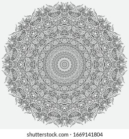 Abstract monochrome circular tracery and patterned snowflake. Linear decorative ornamental mandala, carpet. Adornment for meditation classes.