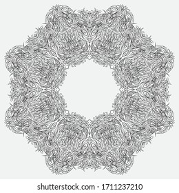 Abstract monochrome circular tracery and patterned snowflake. Linear ornamental mandala. Lace designed for decorating dishes, fabrics.