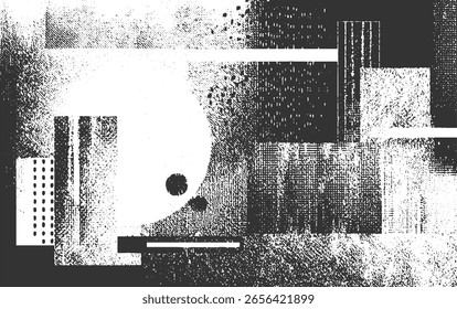 Abstract monochrome composition featuring geometric shapes and varied textures.