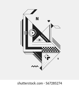 Abstract monochrome creature on white background. Style of cubism and constructivism. Useful for prints and posters.