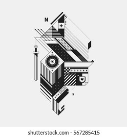 Abstract monochrome creature on white background. Style of cubism and constructivism. Useful for prints and posters.