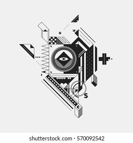 Abstract monochrome creature on white background. Style of cubism and constructivism. Useful for prints and posters.