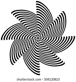 Abstract monochrome element with lined filling. Radial, radiating shape.