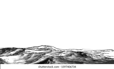 Abstract monochrome engraved drawing rough rocky sand ground vintage woodcut style foreground landscape isolated on white blank space background