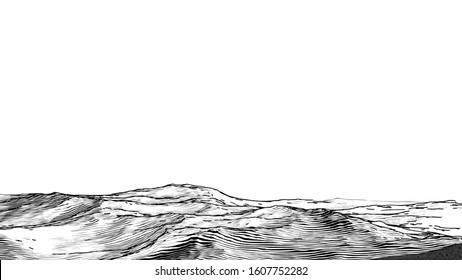 Abstract monochrome engraved drawing rough rocky sand ground vintage woodcut style foreground landscape isolated on white blank space background