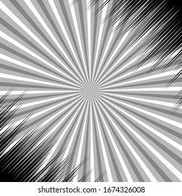Abstraktes monochrome Explosivkonzept mit grauem Radial- und Schwarz-Rochen-Comic-Effekt auf weißem Hintergrund. Vektorillustration