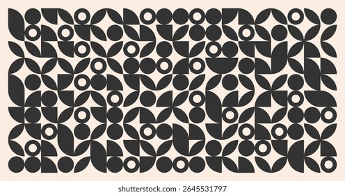 Abstractas patrón geométrico floral monocromo en estilo moderno de mediados de siglo con Elementos de minimalismo escandinavo. Pósteres suizos de verano Set con Formas simples sobre fondo blanco. Vector Eps10
