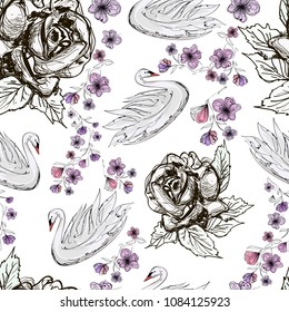 Abstract monochrome flower elements and swans, seamless vector pattern